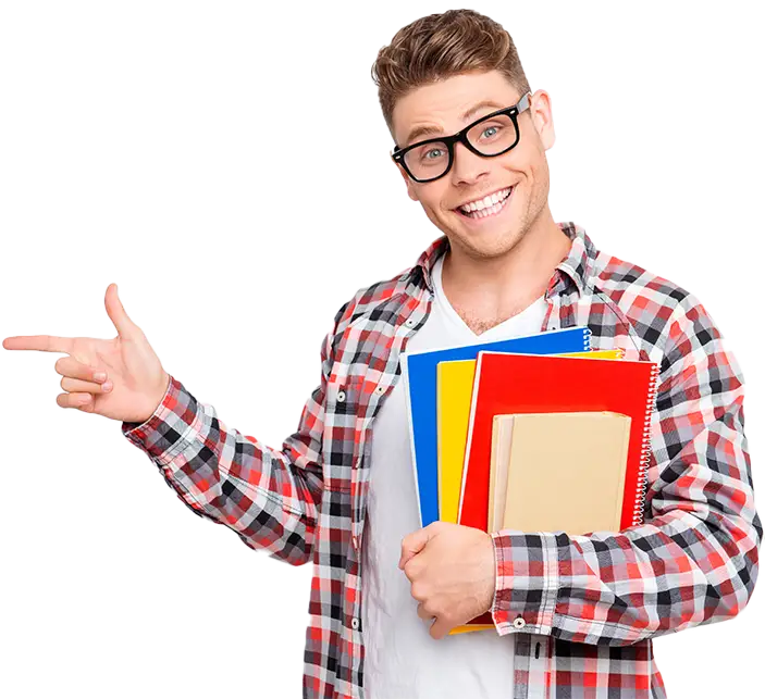 Fröhlicher Student mit Brille, der mit dem Finger auf die linke Seite zeigt und bunte Mappen hält.