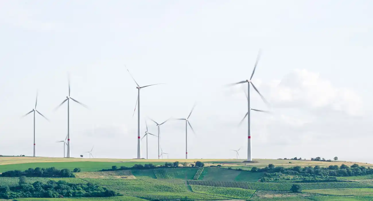 Windenergiepark auf einer grünen Wiese.